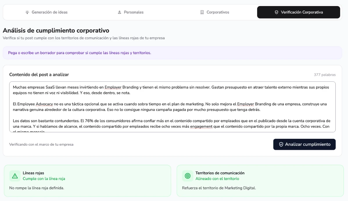 Pantalla de análisis de cumplimiento corporativo de Scoringmy con territorios de comunicación y líneas rojas