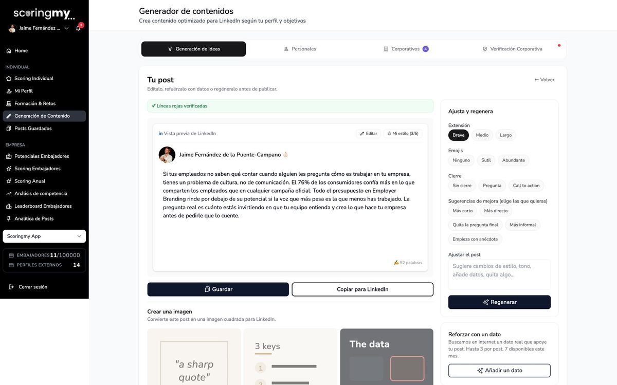 Scoringmy content generator with the LinkedIn post preview and the panel to adjust length, emojis and closing.