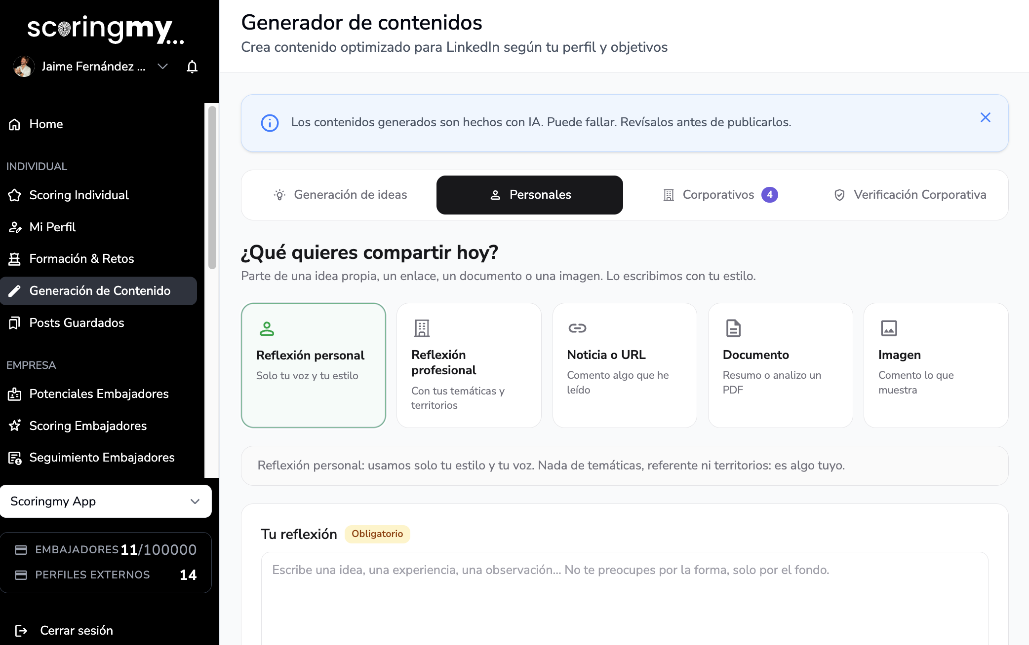 Contenido personal en el generador de Scoringmy: reflexión profesional, reflexión personal, noticia o URL, PDF e imagen Las cinco vías del contenido personal en el generador de Scoringmy.