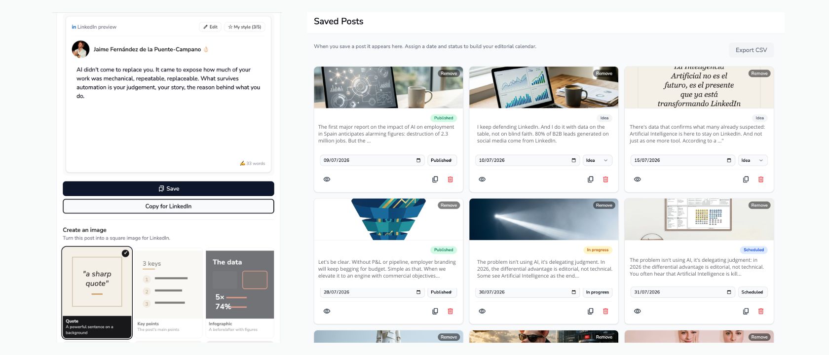 Plan de contenidos: calendario con los posts guardados, programados y publicados