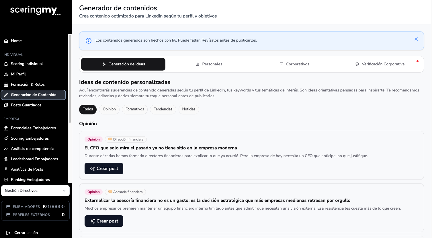 Generador de Contenidos Scoringmy en LinkedIn 