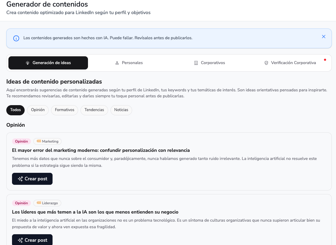 Generación de ideas: cómo Scoringmy te dice sobre qué escribir en LinkedIn