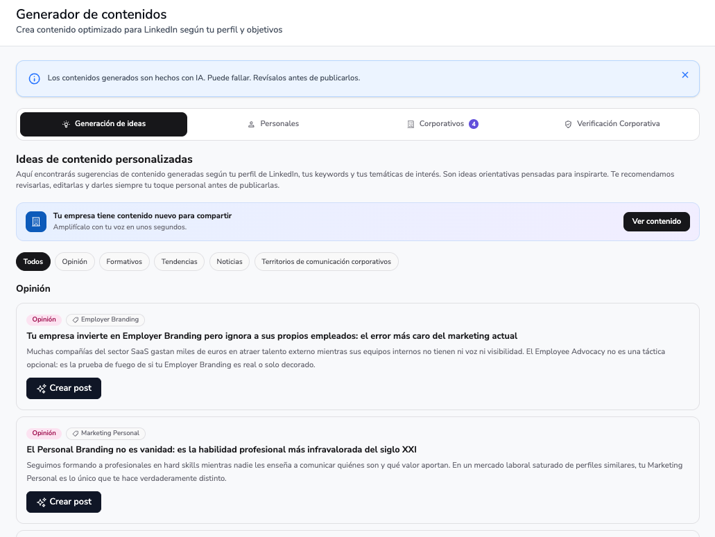 Contenido corporativo en el generador de Scoringmy: la empresa propone publicaciones que cada empleado adapta a su tono El contenido corporativo, adaptado a la voz de cada profesional.