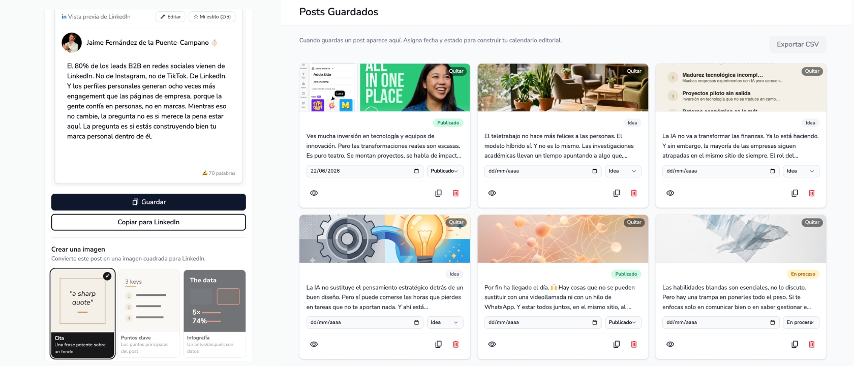 Plan de contenidos: calendario con los posts guardados, programados y publicados