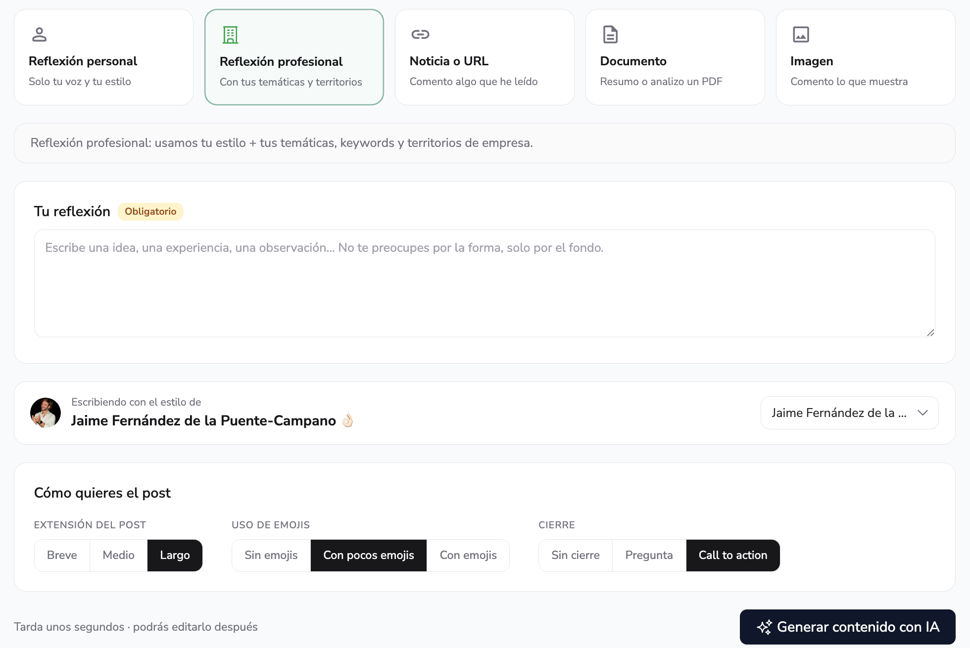 Generación de contenido con Scoringmy de Reflexión profesional 