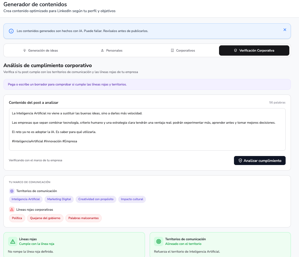 La verificación corporativa comprueba tu post antes de publicar.