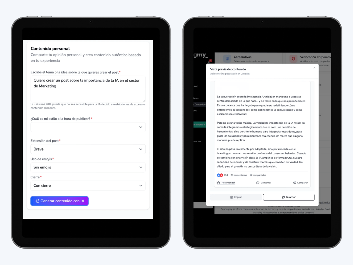 Generación de contenido con IA y estilo propio en ScoringMy